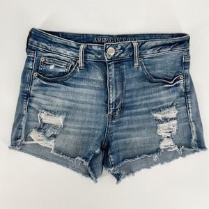 American Eagle Hi Rise Shortie Denim Shorts Size 12 Cut Off Lace Pocket Ripped